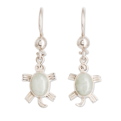 Jade dangle earrings, 'Apple Green Sea Turtle' - Sterling Silver Apple Green Jade Sea Turtle Dangle Earrings
