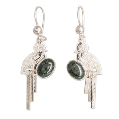 Jade dangle earrings, 'Green Quetzal Flight' - Sterling Silver Dark Green Jade Quetzal Bird Dangle Earrings