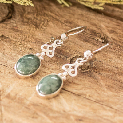 Jade dangle earrings, 'Light Green Love Poem' - Guatemalan Light Green Jade Sterling Silver Dangle Earrings