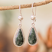 Jade dangle earrings, 'Dark Green Sacred Quetzal' - Sterling Silver Dark Green Jade Drop-Shaped Dangle Earrings
