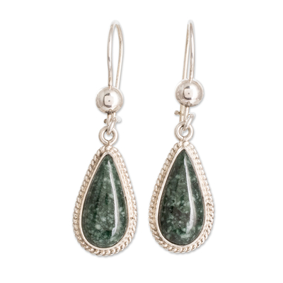 Jade dangle earrings, 'Dark Green Sacred Quetzal' - Sterling Silver Dark Green Jade Drop-Shaped Dangle Earrings