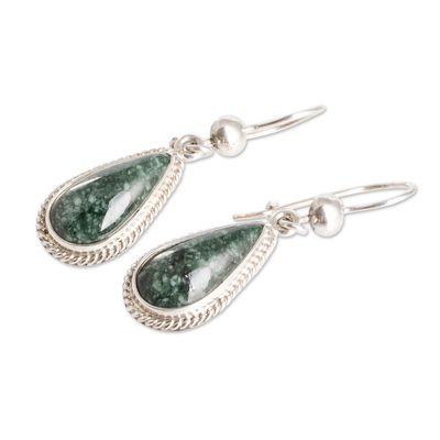 Pendientes colgantes de jade - Pendientes colgantes en forma de gota de jade verde oscuro en plata de primera ley