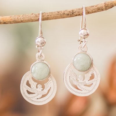 Jade dangle earrings, 'Apple Green Quetzal Patriot' - Sterling Silver Apple Green Jade Bird-Themed Dangle Earrings