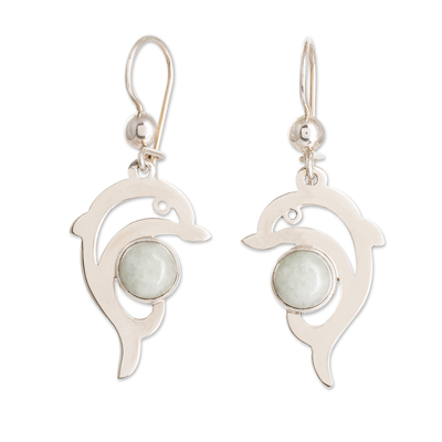 Jade dangle earrings, 'Apple Green Dolphin' - Sterling Silver Apple Green Jade Dolphin Dangle Earrings