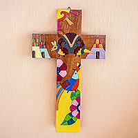 Wood wall cross, 'Nature & Peace' - Hand-Painted Folk Art-Themed Pinewood Wall Cross
