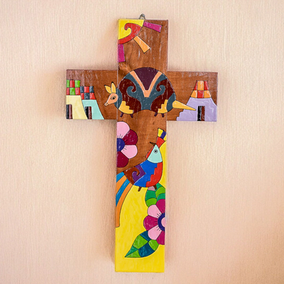 Wood wall cross, 'Nature & Peace' - Hand-Painted Folk Art-Themed Pinewood Wall Cross