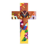 Wood wall cross, 'Nature & Peace' - Hand-Painted Folk Art-Themed Pinewood Wall Cross