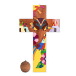 Wood wall cross, 'Nature & Peace' - Hand-Painted Folk Art-Themed Pinewood Wall Cross