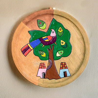 Placa decorativa de madera - Placa decorativa redonda de madera de pino pintada a mano con temática de la naturaleza