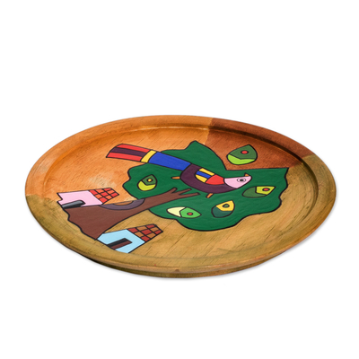 Decorative wood plaque, 'Tropical Enchantment' - Nature-Themed Hand-Painted Round Decorative Pinewood Plaque