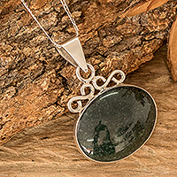 Jade pendant necklace, 'Mayan Ovals' - Sterling Silver Necklace with Dark Green Jade Oval Pendant