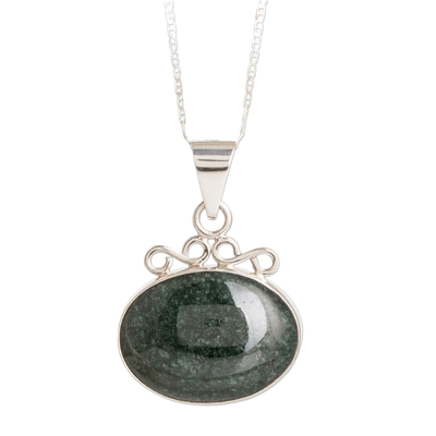 Collar con colgante de jade - Collar de plata de ley con colgante ovalado de jade verde oscuro