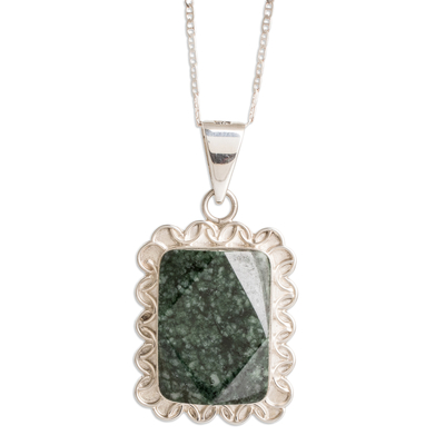 Jade pendant necklace, 'Dark Green Daisy' - Silver Necklace with Faceted Dark Green Jade Pendant