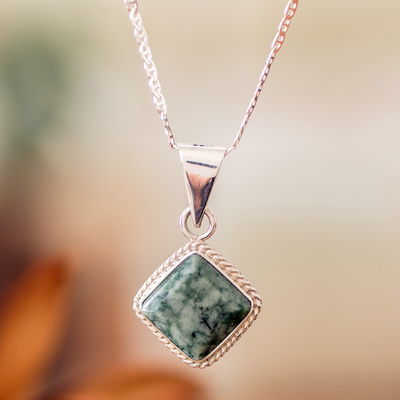 Jade pendant necklace, 'Light Green Diamond' - Silver Necklace with Rhombus-Shaped Green Jade Pendant