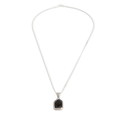 Jade pendant necklace, 'Black Maya Princess' - Silver Necklace with Rectangular Faceted Black Jade Pendant