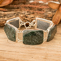 Jade-Gliederarmband, „Maya Empress“ – Armband aus poliertem Sterlingsilber mit dunkelgrünen Jadegliedern