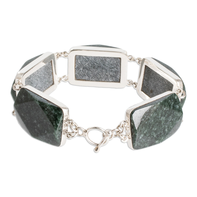Jade link bracelet, 'Maya Empress' - Polished Sterling Silver Bracelet with Dark Green Jade Links