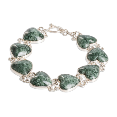 Jade link bracelet, 'Green Symbol of Love' - Sterling Silver Heart Link Bracelet with Green Jade Stones