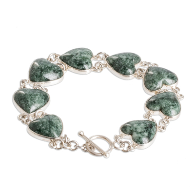Jade link bracelet, 'Green Symbol of Love' - Sterling Silver Heart Link Bracelet with Green Jade Stones