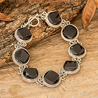 Jade link bracelet, 'Glamorous Geometry' - Sterling Silver Geometric Link Bracelet with Black Jade