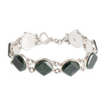 Jade link bracelet, 'Night Forest' - Sterling Silver Geometric Link Bracelet with Dark Green Jade