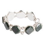 Jade link bracelet, 'Night Forest' - Sterling Silver Geometric Link Bracelet with Dark Green Jade