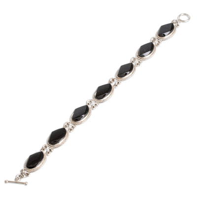 Jade link bracelet, 'Faceted Ovals' - Sterling Silver Link Bracelet with Oval Black Jade Stones