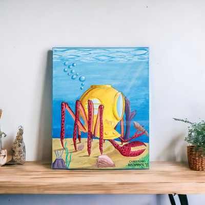 'Diver Crab' - Acrílico sobre lienzo Pintura surrealista de un cangrejo buzo
