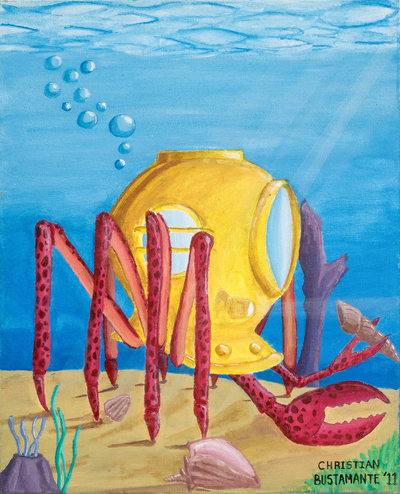 'Diver Crab' - Acrílico sobre lienzo Pintura surrealista de un cangrejo buzo