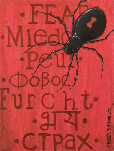 'Phobos' - Acrílico con temática de araña y miedo sobre pintura de tablero de lienzo