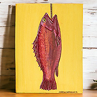 „Fang des Tages“ – realistisches Acrylgemälde mit rotem Fisch auf gelbem Hintergrund
