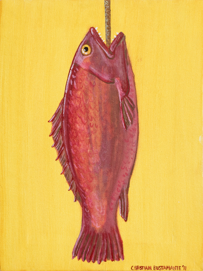 'Catch of the Day' - Cuadro acrílico realista de pez rojo sobre fondo amarillo.
