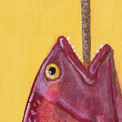 'Catch of the Day' - Cuadro acrílico realista de pez rojo sobre fondo amarillo.