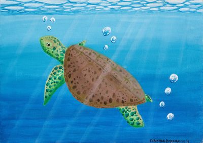 'Salvémoslos' - Acrílico sobre lienzo Pintura de una tortuga marina de El Salvador