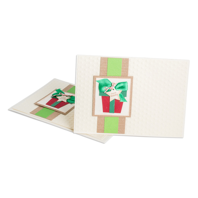 Greeting cards, 'Love and Peace' (pair) - Handcrafted Pair of Gift-Themed Christmas Greeting Cards