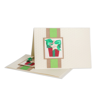 Greeting cards, 'Love and Peace' (pair) - Handcrafted Pair of Gift-Themed Christmas Greeting Cards