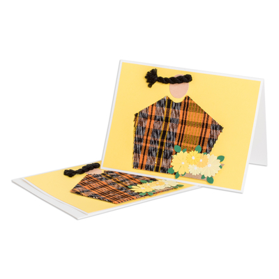 Greeting cards, 'Maya Spring' (pair) - Pair of Yellow Greeting Cards with Hand-Woven Cotton Accents