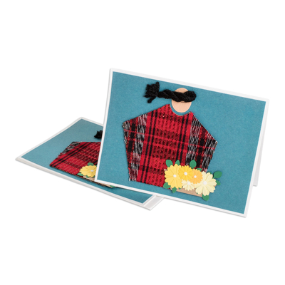 Greeting cards, 'Maya Beauty' (pair) - Pair of Blue Greeting Cards with Hand-Woven Cotton Accents
