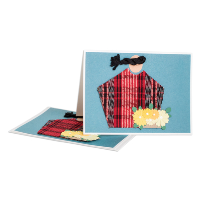Greeting cards, 'Maya Beauty' (pair) - Pair of Blue Greeting Cards with Hand-Woven Cotton Accents