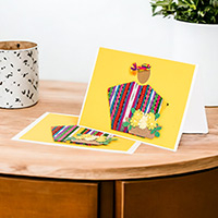 Tarjetas de felicitación, 'Saludo floral' (par) - 2 tarjetas de felicitación amarillas con detalles en algodón tejido guatemalteco