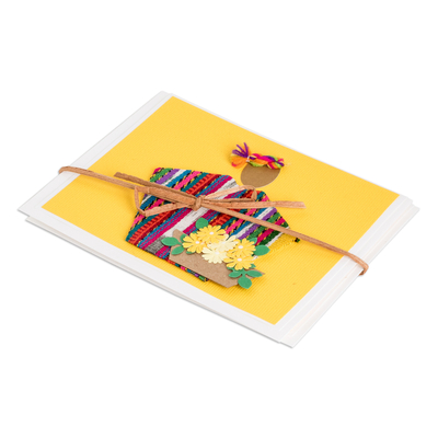 Greeting cards, 'Floral Greeting' (pair) - 2 Yellow Greeting Cards with Guatemalan Woven Cotton Accents