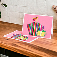 Tarjetas de felicitación, 'Rose Spring' (par) - Par de tarjetas de felicitación rosas con detalles en algodón tejido a mano