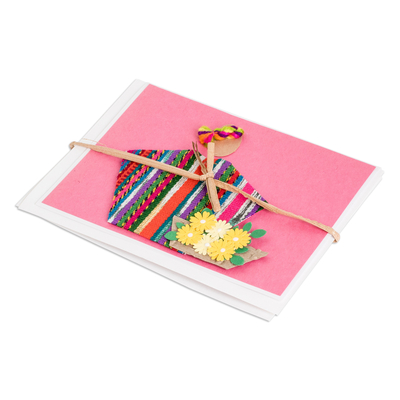 Greeting cards, 'Rose Spring' (pair) - Pair of Pink Greeting Cards with Hand-Woven Cotton Accents