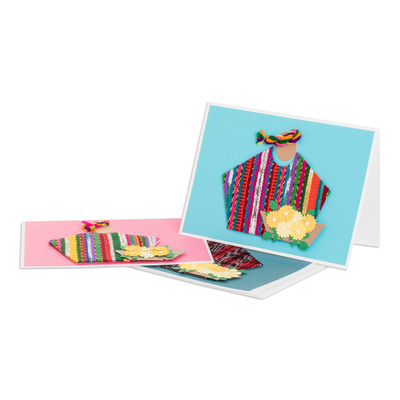 Greeting cards, 'Messages of Happiness' (set of 3) - Three Greeting Cards with Guatemalan Woven Cotton Accents