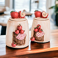 Ceramic decorative jars, 'Apple Joy' (set of 2) - Hand-Painted Apple-Themed Ceramic Decorative Jars (Set of 2)