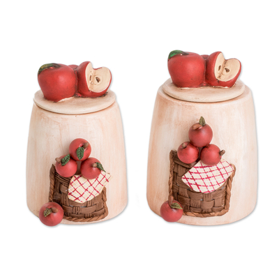 Tarros decorativos de cerámica, (juego de 2) - Tarros decorativos de cerámica con temática de manzana pintados a mano (juego de 2)