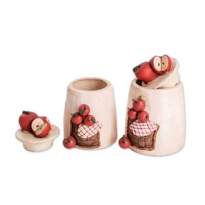 Tarros decorativos de cerámica, (juego de 2) - Tarros decorativos de cerámica con temática de manzana pintados a mano (juego de 2)