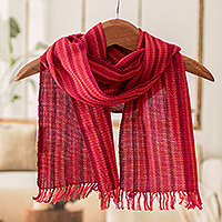 Cotton scarf, 'Cherry Breeze' - Handloomed Cherry and Purple Cotton Fringed Scarf
