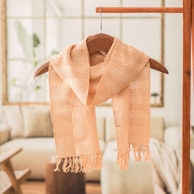 Cotton scarf, 'Sweet Warmth' - Handloomed Salmon and Beige Cotton Scarf with Fringes