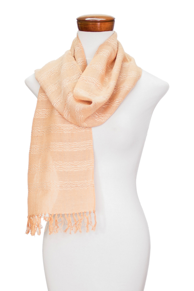 Cotton scarf, 'Sweet Warmth' - Handloomed Salmon and Beige Cotton Scarf with Fringes